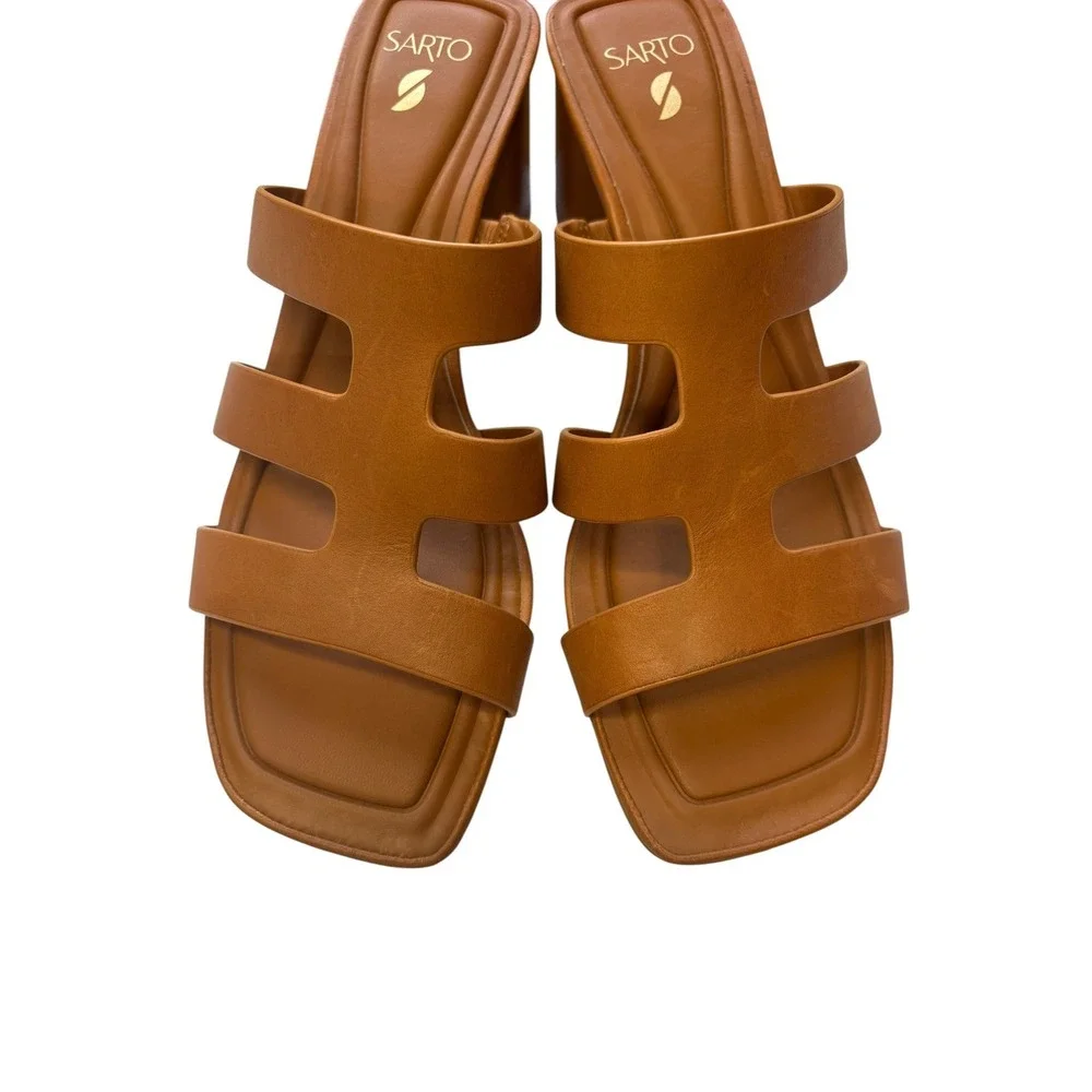 Sarto Flexa Carly Heeled Slide Sandals Cognac Square Toe Block Heel Mule 8.5
